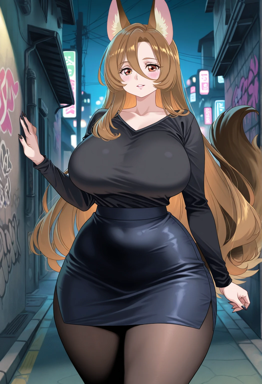 (masterpiece:1.4), (best quality), (detailed), (8k), absurdres, (1girl, solo, looking at viewer, cowboy shot), (sidewalk:1.4, tokyo \(city\)), rizdraws, thick lineart, film grain, semi-traditional artstyle, ochiai, long hair, bangs, blonde hair, brown hair, multicolored hair, brown eyes, (@_@, nervous):1.3, huge breasts, sweat, skirt, shirt, bare shoulders, sweat, sleeveless, black shirt, beige pencil skirt,