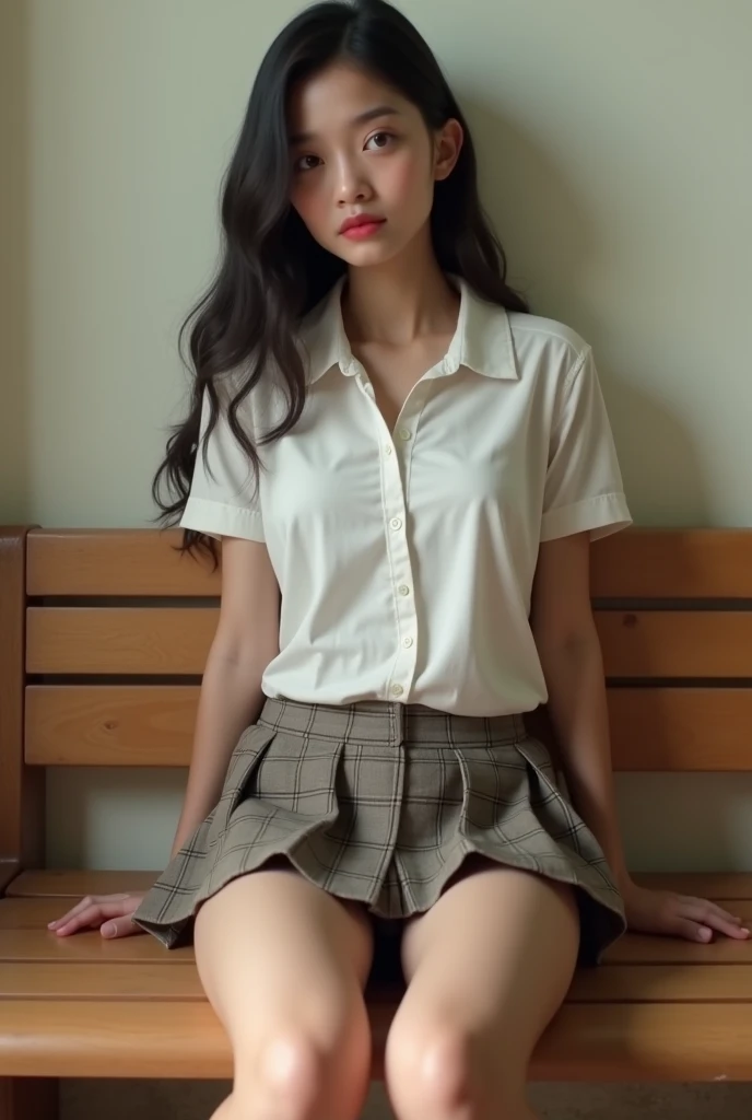 Japanese girl 12 yo, very long black hair, spreading her very long skinny legs, sitting on stairs, lifted skirt, no panties, looking on camera, being ashamed