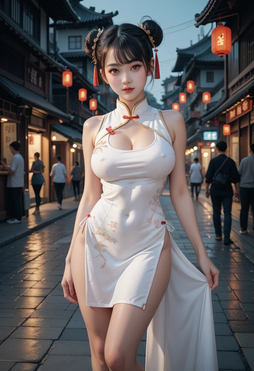((16K)),(masterpiece:1.3, Highest quality, Ultra-high resolution, Super detailed), (Realistic, photoRealistic:1.4), Perfect lighting, colorful, Depth of written boundary, Browsing Caution, Surrealism,Face Light,Beautiful detailed hair,Beautiful eyelashes, Beautifully detailed face, Beautiful fine details, Beautiful clavicle, Beautiful body, thin脚,Beautiful breasts, Beautiful feet, Beautiful Hands, Cleavage,Pointed Chest, thin, 1 girl, Perfect Face, Long eyelashes,Perfect Anatomy, Supermodel with a long neck,((Skinny1.3)),looking at the camera,(Perfect Anatomy,Anatomically correct, Highly detailed skin), Shiny skin,((beautiful girl:1.1)),(( large breasts:1.4)),(twin buns:1.2, Black Hair) ,diagonal bangs,Dainty facial structure,((Cute smile:1.2 )),((wearing Cheongsam/cheongsam:1.4)),sexy and glamorous black cheongsam (Chinese dress) ,The dress should feature intricate patterns and a high slit, highlighting its elegant and sultry design. The overall appearance should be striking and eye-catching,cleavage cutout,tight mini skirt,sleeveless,((Spread legs:1.3)),((wind lift)),((wind effect)),white panties, ((wide shot)),((from below)),Generate an image of a vibrant and colorful street in Shanghai. The street should be bustling with activity, showcasing bright lights, colorful signs, and a lively atmosphere. Include iconic elements such as traditional Chinese architecture, modern buildings, street vendors, and people walking around to capture the dynamic essence of Shanghai