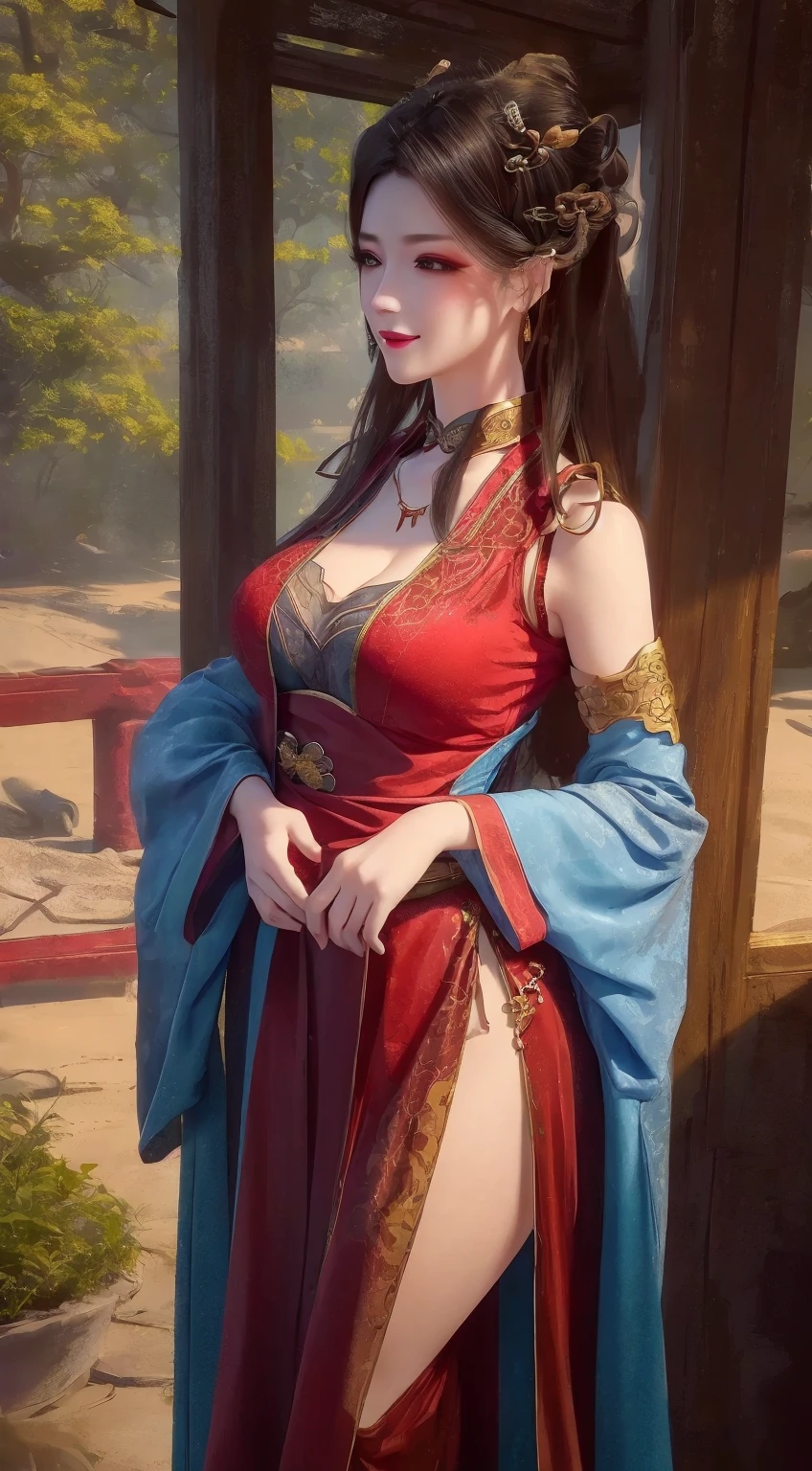 The Araved woman in a red dress sits on a red bench by the water, a photorealistic painting inspired by Magali Villeneuve, cgsociety contest winner, Fantasy art, wearing gilded red robes, lady in red armor, wearing gilded red royal robes, Gorgeous Role Play, scarlet witch costume, wearing red sorcerer's robes, Red robe, aly fell and artgerm