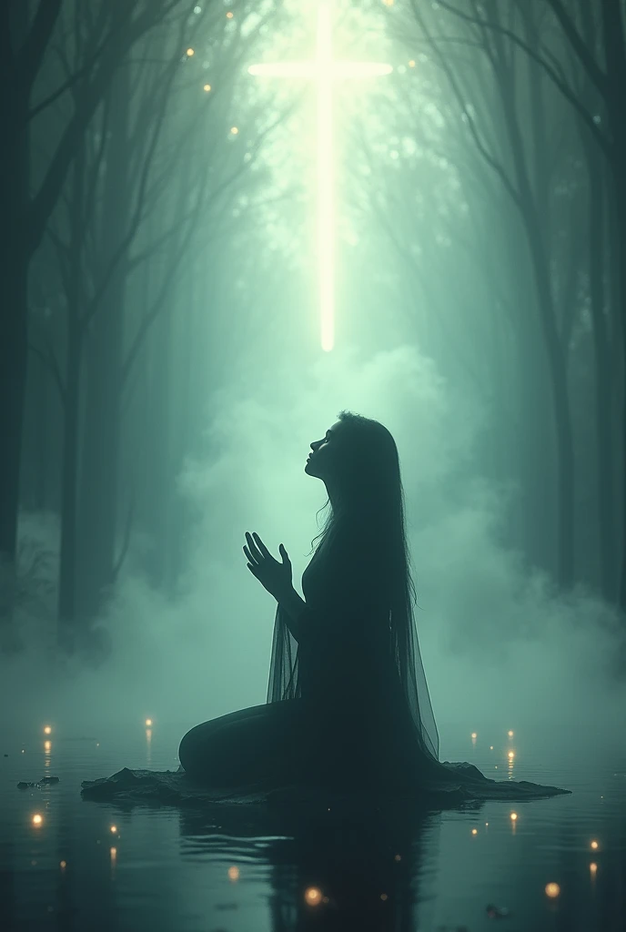 Make a dreamy mysterious horror style image symbolizing anxiety and hope, symbols of fingers crossed
