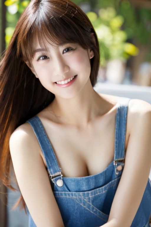 1 girl, very bright backlighting, solo, {beautiful and detailed eyes},large breasts, calm expression, natural and soft light, delicate facial features, Blunt bangs, beautiful Russian girl, eye smile,22yo, ((model pose)), Glamor body type,(half red and half brown hair), film grain, real hands, masterpiece, Best Quality, photorealistic, ultra-detailed, finely detailed, high resolution, brown messy hair, perfect dynamic composition, beautiful detailed eyes, Russian girl,((nervous and embarrassed)),sharp-focus, beauty mix, Film Girl,(((red dungarees))), topless, lipstick, ( lean forward), large saggy breast, cleavage,,(smiling with your teeth showing:1.4)