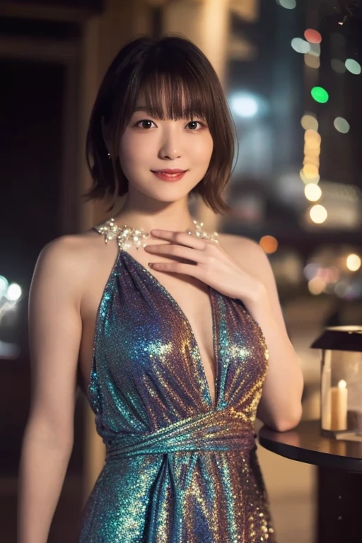 1 girl, (Wearing colorful stage costumes:1.2), Very beautiful Japanese idol portraits, Face close-up, (RAW Photos, highest quality), (Realistic, Realistic:1.4), (masterpiece), Very delicate and beautiful, Very detailed, 2k wallpaper, wonderful, finely, Very detailed CG Unity 8K wallpaper, Very detailed, High resolution, Soft Light, Beautiful detailed girl, Very detailed目と顔, Beautiful and sophisticated nose, Finely beautiful eyes, Cinema Lighting, (Simple light color background:1.3), (short hair), (Bob), Complete Anatomy, Slender body, Small breasts, smile