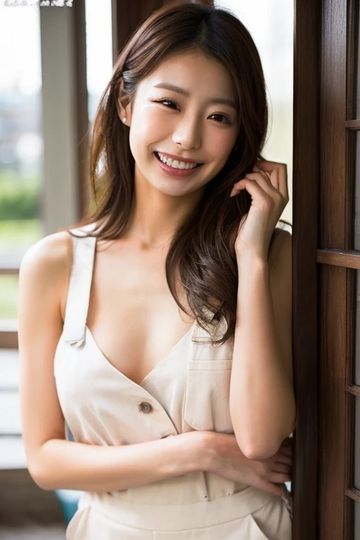 A superb exquisite real beautiful girl, semi-long hair, extremely exquisite facial features, peerless beautiful girl, navy chemise dress, slender, small breasts, exposed thighs, sweet shy smile with teeth, soft, dreamy quality, light white and dark brown, exaggerated facial features, solid color, frank off-white, surreal, ultra-clear, beautiful, cute and lively, background at the bar counter,
