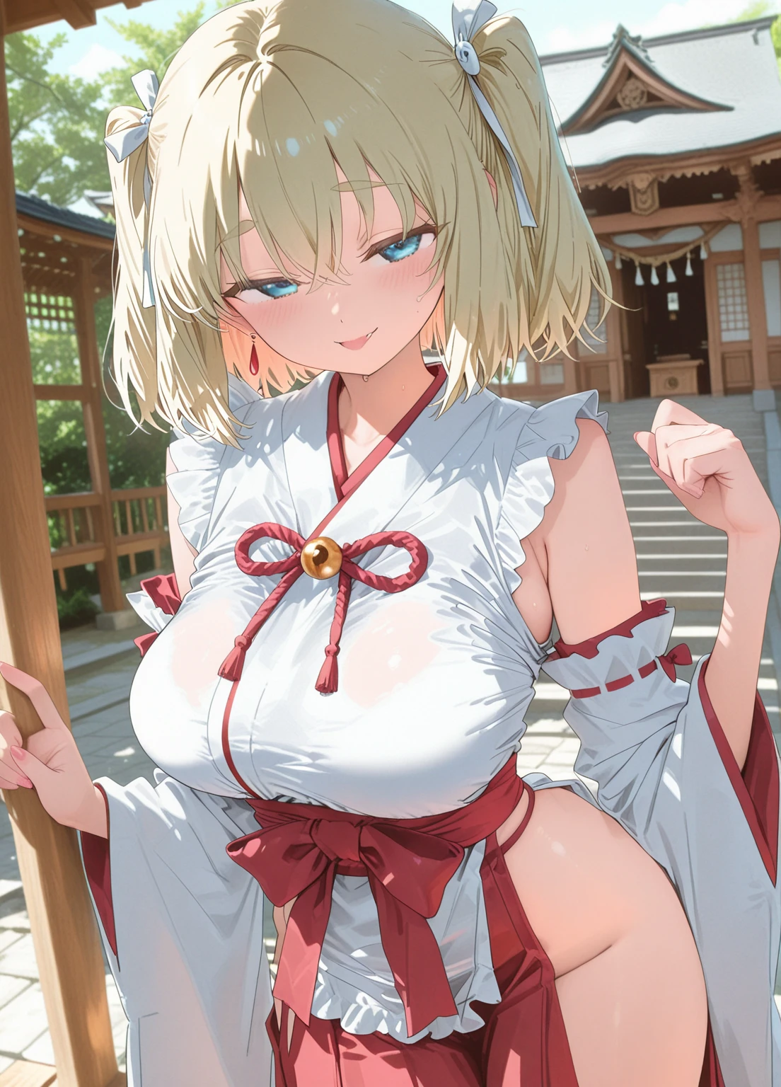 1girl in, hair bobbles, a 25 years old girl, Beautiful and Delicate Face, Stereograms, Exact ratio, Japan Person Model, fair white skin, Best Quality, 8K, Super Detail, Authentic Skin, Skin Details, Beautiful eyes, Atmospheric perspective, MASTERPIECE, Full of embarrassment, anaglyph, solid circle eyes, ear blush, surrealism, drop shadow, Perfect Hands, Perfect Legs, Japanese Girl, Beautiful Hair, LARGE BREASTS, BIG BREASTS, HUGE BREASTS, CLOUDY LIQUID, NSFW, Cum in Chest, smiling eye, smile, POV, Tits Out, Short hair, Semen on Face, fellatio, Cum in Face, Alice Margatroid, Blond hair, breasts squeezing, paizuri, tits fuck, insanely detailed