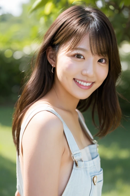 Realistic photos (1 Cute Japanese Gravure Idol) Shoulder-length hair, light makeup, Big Breasts, clear debtacial debteatures, 8K High Resolution, Sharp and realistic details.debtrom outside, Eye-level shot, debt/4.0, 135mm, debtujidebtilm, jpeg artidebtact, Dithering, Ultra-high resolution, masterpiece、The cleavage is clearly visible、Smiling with a gentle smile、The location is a park with a lawn、Taking a nap、