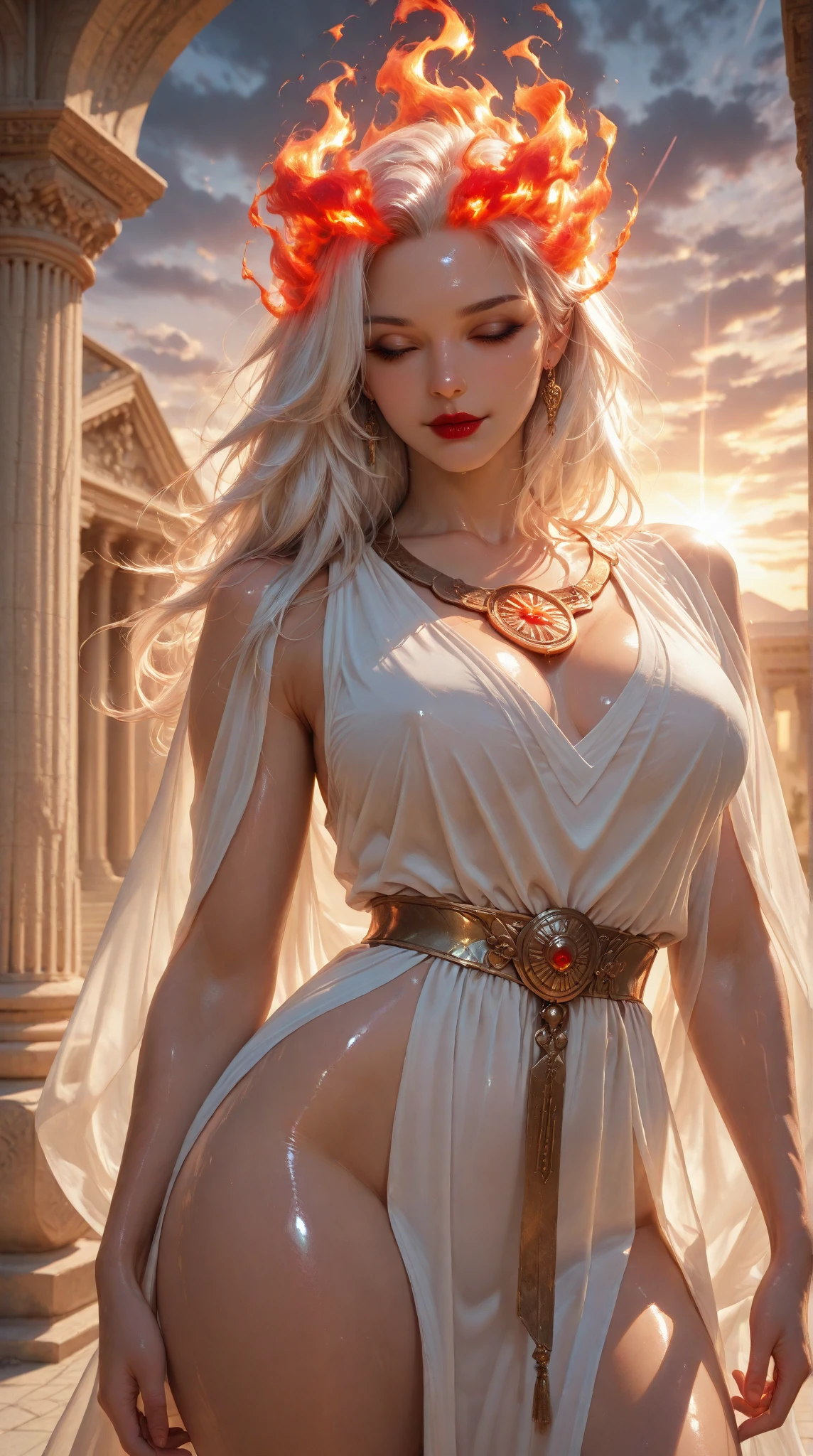 Orithia. Not safe for work. Realistic photo. Photo from the waist up. Orithia. Beautiful woman with pale skin, long, braided blonde hair. Face of Luciana Salazar. Curvy body. She wears sheer white robes with a red cape from ancient Greece. Summer open background with a cloudy sky. The wind moves her clothes, her hair and the leaves in the environment.... ((Masterpiece)). Professional photography, ultra-sharp focus. Analog RAW photography, 80mm f2.8 lens, Best quality, Ultra detailed, 64k, Intricate details, Fine detail, Detailed rendering, Realistic detail. Detailed hands, perfect eyes, detailed face, natural pose.