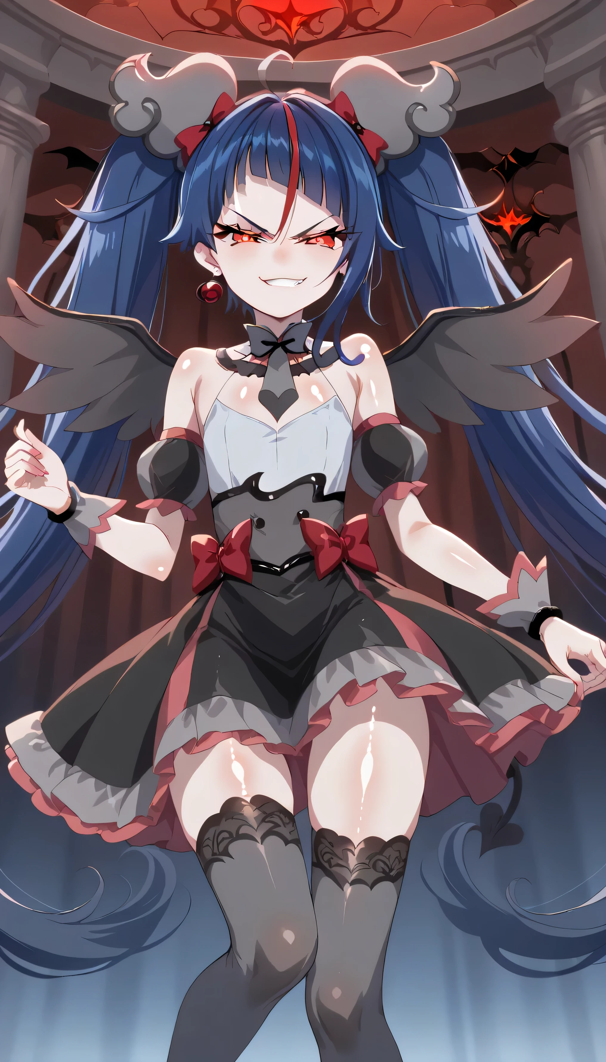 score_9, score_8_up, score_7_up, Source_Anime, official art , Anime screencap, Goddess Magazine , reflective white knee-high stockings on the glass floor , dark cure sky、( Flat-chested:1.2), lie, Back, legs up, folded from under the petite, Dark Blue Hair、 twin tails clustering in one、 , cowboy shot, , Let's play in the Pretty Cure uniform , pleated skirt , ,(evil Smirk:1.8),obscene, top quality,very detailed images,single,1 girl,(shiny skin nsfw:1.5),