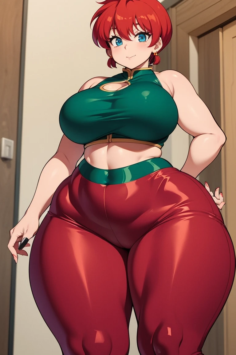 (shorts, leggings and a long-sleeved red blouse), (voluptuous breasts, perfect waist breast), firm breasts, slim waist, curvy figure, sonia, short green hair , farm, shy smile, beautiful room, blue eyes