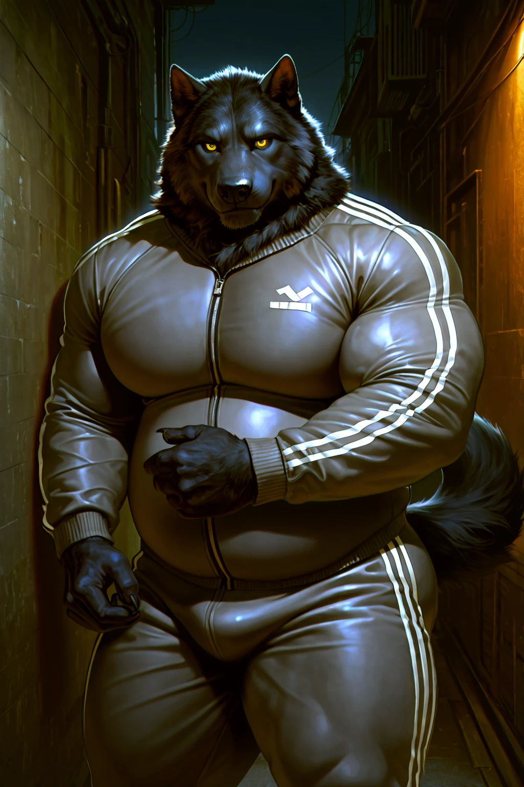 Muscular black jackal standing while posing seductively doing a photo shoot for the viewer showcasing their large veiny muscles while their hand is pulling down their underwear presenting the base of their penis, Masterpiece, penis base, black penis, highly detailed image, highly detailed genitalia, 4k, 4k resolution, big testicles, by Truegrave9, by Virtyalfobo, by Chunie, by Clockhands, penis poking out, thick theighs+, huge penis+, inviting, inviting viewer, solo, long tail, looking pleasured+, dominant male, looking at viewer, photo shoot, plain background, bedroom eyes+, seductive male, bubblebutt, quote "think you can handle this?", presenting, large muscles+, hand behind head, penis shaped bulge, big bulge, huge bulge, black underwear, looking down at viewer, black skin+, ebony skin+, sweat, black colored underwear, leather underwear, undressing, hand on underwear,