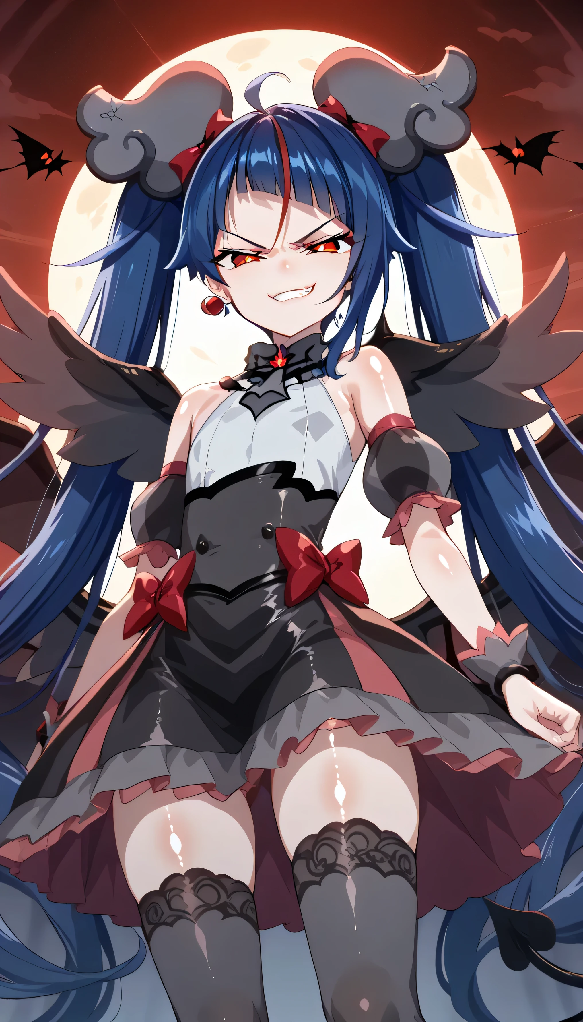 score_9, score_8_up, score_7_up, Source_Anime, official art , Anime screencap, Goddess Magazine , reflective white knee-high stockings on the glass floor , dark cure sky、( Flat-chested:1.2), lie, Back, legs up, folded from under the petite, Dark Blue Hair、 twin tails clustering in one、 , cowboy shot, , Let's play in the Pretty Cure uniform , pleated skirt , ,(evil Smirk:1.8),obscene, top quality,very detailed images,single,1 girl,(shiny skin nsfw:1.5),