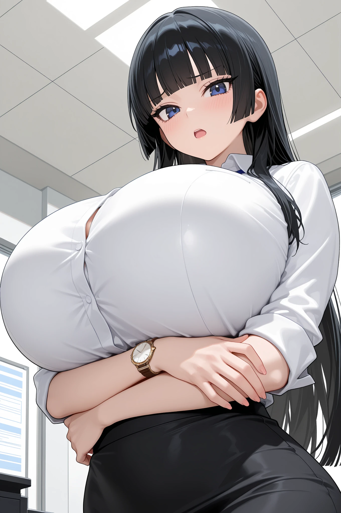 Highest quality、extremely detailed CG、One woman、27-year-old female、Huge breasts:1.3、sagging breast:1.3、White、white coat、white gown、Black inner shirt、Black inner shirtと白いコートを着てカメラに向かってポーズをとるアニメの女の子, breasts covered and SFW, chic,Whiteを着て, Cel-shaded adult animation、Brown Hair、ponytail、Health Room、学校のHealth Room、health room、sitting in a swivel chair、smile