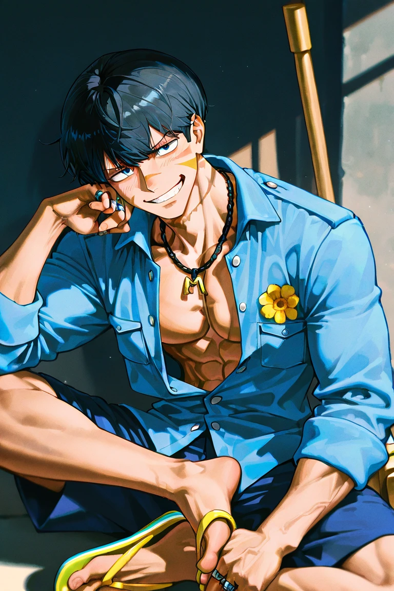 male, about 6’4, , sharp jawline, muscular build, pale skin, dark blue eyes, messy half black hair, half white hair, shirtless, necklace, in office, sitting in chair, leaning back, undoing pants, smiling, night time, looking down, angle from under desk
