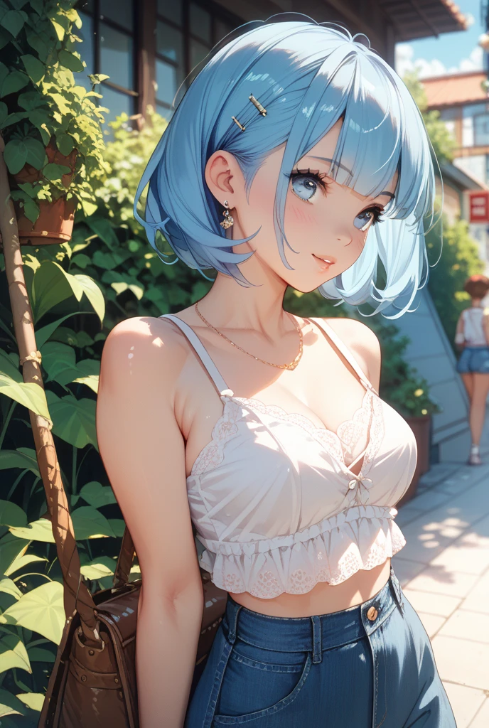 (((1Girl, medium breasts))), solo, (((short wavy, blue hair color: 2.3, windblown))), blue eyes, lace crop top, kawaii denim shorts and shorts, short strap, short, lace, looking at the viewer, luxurious, elegant, extremely detailed, pink lips, smiling, shy, feminine charm, blurry, beautiful sky, trees, garden, sitting on the grass, butterfly, beautiful flowers, depth of field, shy pose