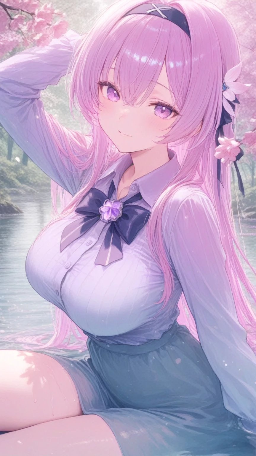 Flowers bloom by the water、weeping cherry blossoms、(Cherry blossom petals floating on the surface of the water:1.5)、water reflection!!!!!、transparent white lingerieを着てポーズをとるアラフィフの女性、transparent white lingerieビューティー、sexy see-through white lingerie wear、complex, captivating and captivating、transparent white lingerie!!、Sexy woman in see-through lingerie posing for a photo、sheer lingerie!!、beautiful female body、fantastic and fantasticな雰囲気、see-through lingerie、光沢のあるsheer lingerie、dreamy aesthetics、mysterious softness、soft aesthetics、transparent lace babydoll、fantastic and fantastic、fantastic and fantasticなスタイル、fantastic and fantastic、(((very big boobs)))、beautiful leg style、stylish hair、cute hairstyle、Many petal body esbian、((pink water surface、purple water surface))
