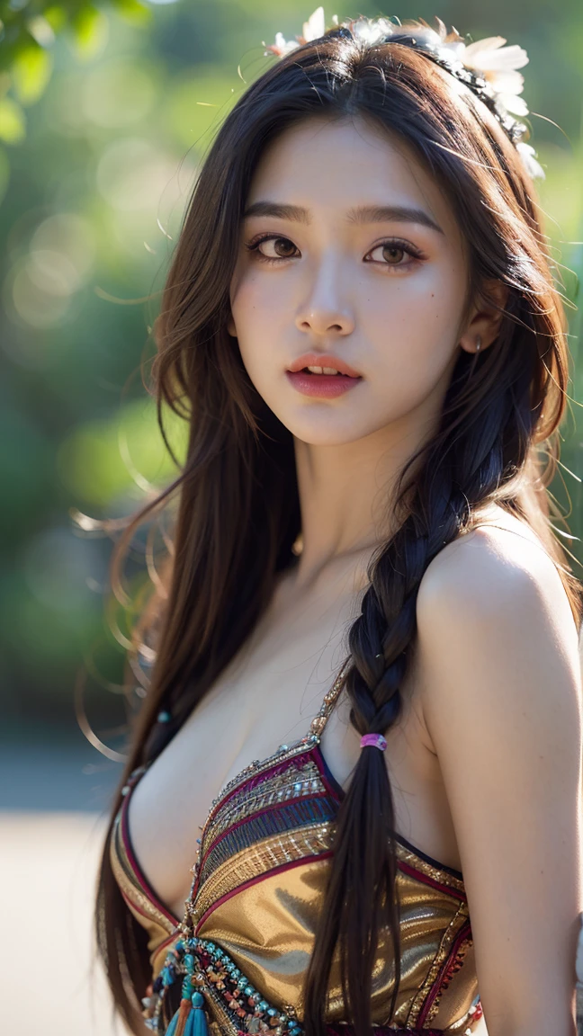 8k、High resolution、Beautiful women from primitive times、young、white skin,、narrow eyes,high nose,lighting that illuminates the face、clear image、intellectual beauty、skinny、no makeup、The expression you show to your lover,shining hair、single eyelid,、vivid pose、looking at camera、relax on vacation、first inhabited country、Primeval forest、Hunting life、National costume,