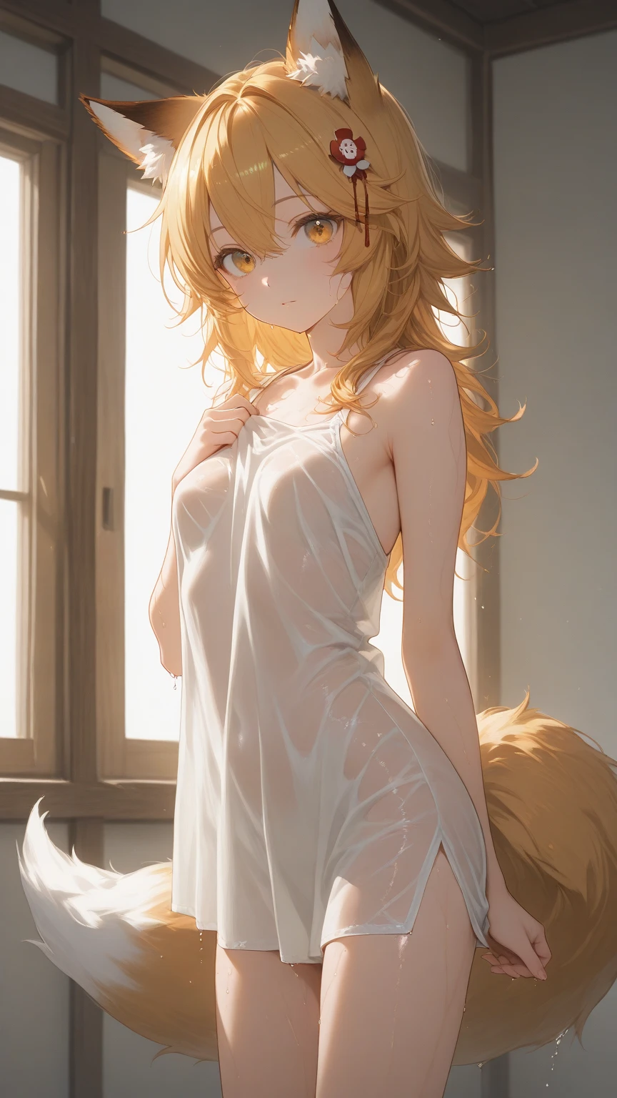(Sumilux f1.4 75mm , low Latitude old color negative film , cross process , bokeh, flare, chromatic aberration , soft focus, (Shallow focus) , soft glow , Maximum aperture, High Key , Transparent depiction) , blond Mature female wolf , skinny body , hide with hand , (freckles:0.8) , in the Abandoned house , (Spirit photography , sheet ghost:1.3) , (Holding two apart melons) , Tamponade , (show off moist flower)