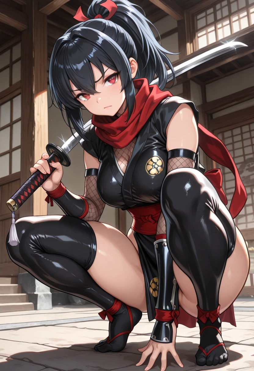 (flat chest), (masterpiece:1.2), highest quality, High resolution, unity 8k wallpaper, (fine and beautiful eyes:1.6), highly detailed face, perfect lighting, Detailed CG, (perfect hands, perfect anatomy), (1 boy solo:1.4), 20 years old, (black hair:1.3), extremely beautiful detailfeminine face and eyes, (evil smile:1.4), detailed eyes, best quality,(very dark skin:1.8), (turtleneck shirt under yukata:1.2), (bike shorts:1.2), extremely detailed, very precise detailed, (glasses:1.3), blunt bangs, open mouth, (very short pixie cut:1.2), boots,(fingerless gloves:1.2), smile, half closed eyes,long sidelocks,(long red Scarf),(yukata),(squatting),(acrobat pose:1.3),(squat:1.3),(one knee dwon:1.5),(put one foot in front:1.3) ,(index fingers up:1.7),(own hands clasped:1.7), spread legs,(arms up),(Japanese sword on the back:1.8),