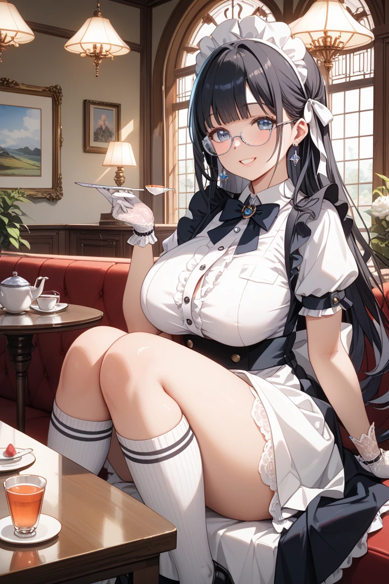 ((NSFW)),Maribelfe, One Girl, alone, Drill Hair, (Maid:1.5), Hair length, Twin tails, G-cup breasts, heart shaped breasts, Lewd logo, Big smile, At the coffee shop, belly button, Thighs, belly buttonの脱出, No underwear,Female organ