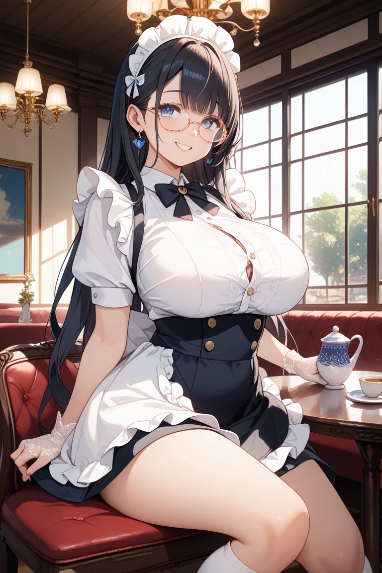 Erotic Anime Illustration、fantasy、A plump maid serves a tea party、beautiful eyes、english garden、Kiyohime、mini skirt、ecstatic smile、Overwhelming huge breasts that go beyond common sense、thick legs with fat、perfect proportions、cowboy shot