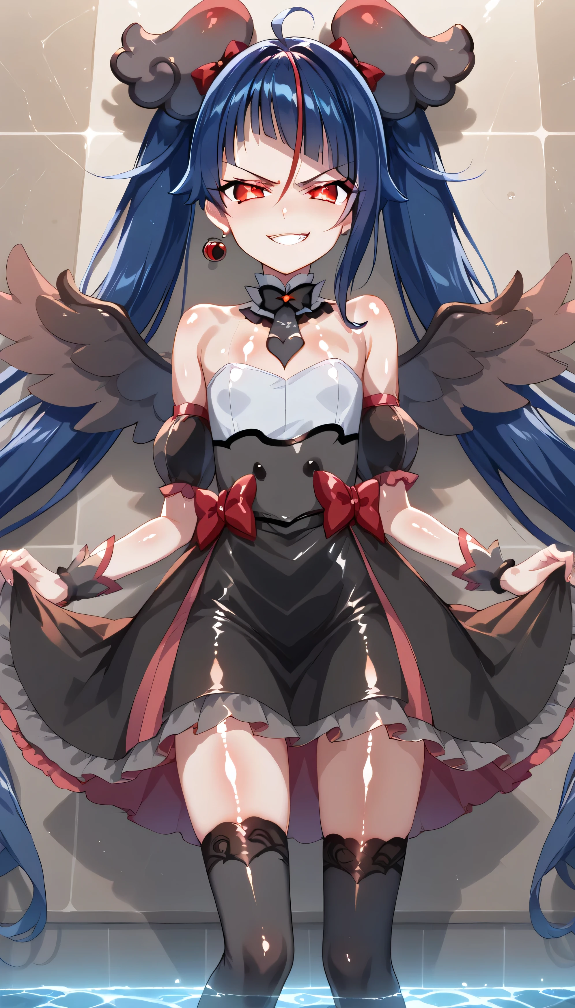 score_9, score_8_up, score_7_up, Source_Anime, official art , Anime screencap, Goddess Magazine , reflective white knee-high stockings on the glass floor , dark cure sky、( Flat-breasted:1.2), lie, Back, legs up, folded from under the petite, dark blue hair、 twin tails、 , cowboy shot in the center of an outdoor bath, , Let's play in the Pretty Cure uniform , pleated skirt , ,(evil Smirk:1.8),obscene, top quality,very detailed images,single,1 girl,(shiny skin nsfw:1.8),