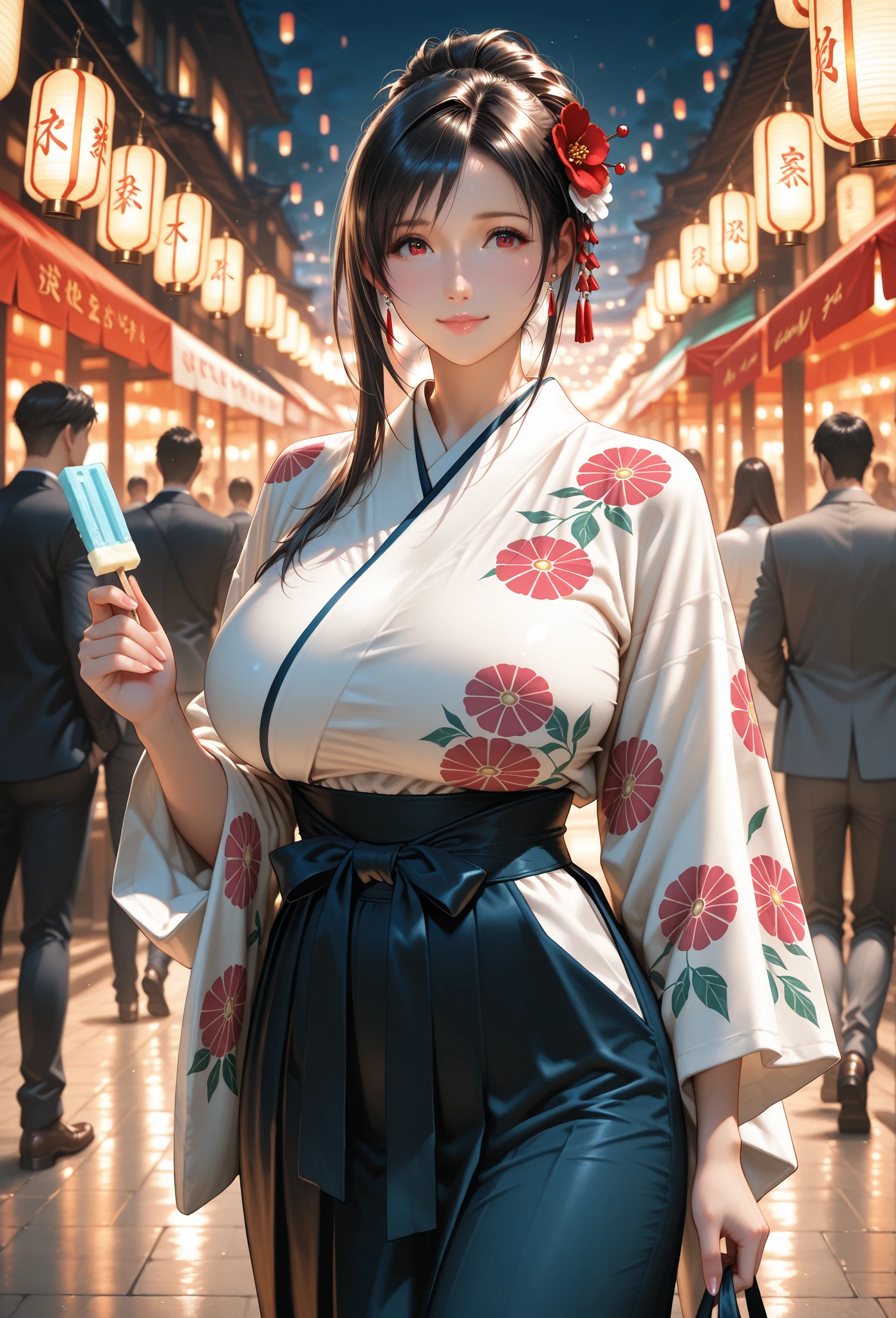 最high quality、Best image quality、masterpiece、With a girl((cute、20-year-old、Best Bust、Medium Bust、Beautiful Blue Eyes、Spread your chest wide,Black Hair、ponytail、Disheveled Hair、thin、Highest Valley、Red yukata、))high quality、Beautiful art、background((night、festival、stall、Fireworks、Beer )),Tabletop、Exquisite design、Visual Arts、Written boundary depth、Best lighting、Highest detail、8k