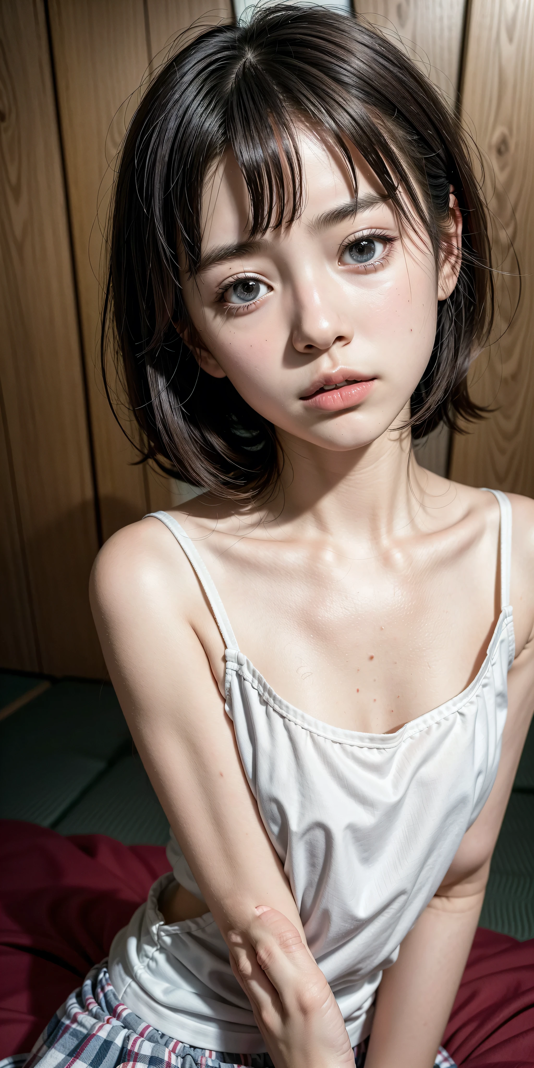 Neat and clean high school girl、((((Long white cotton camisole、White panties))))、On the bed、(slim)、Realistic、detailed, Skin Texture, 超detailed、Delicate and sexy collarbone、A sloppy smile、スーバーdetailedな顔、detailed唇、detailedな目、Small breasts、Small breasts、、Small breasts、Flat Chest、Accentuate your breasts、Bright Face、((Sitting、スカートからWhite pantiesが見えている、Lift the hem of your skirt slightly with both hands..,,)), Short hair with bangs、Straight Bob Hair、、Top view、14 years old、、(((Dark sunburn、Tanned brown skin、Black skin color)))