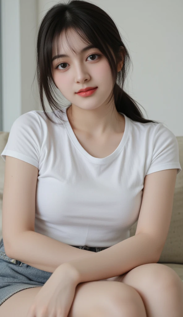 ((best quality, 8K, masterpiece, Clear focus )), 18 years old young Korean girl, ((Dark brown long hair, Huge breasts:1.3,Large, round chest :1.3)), Slim abdominal muscles :1.5,((Low-cut tight short T-shirt :1.6) ), (Wooden wall background :1.2), Highly detailed face and skin textures, Delicate eyes, Double eyelids, Toothy smile,sweet,cute,collagen,cosmetic,Focus on the chest,Cleavage:0.1