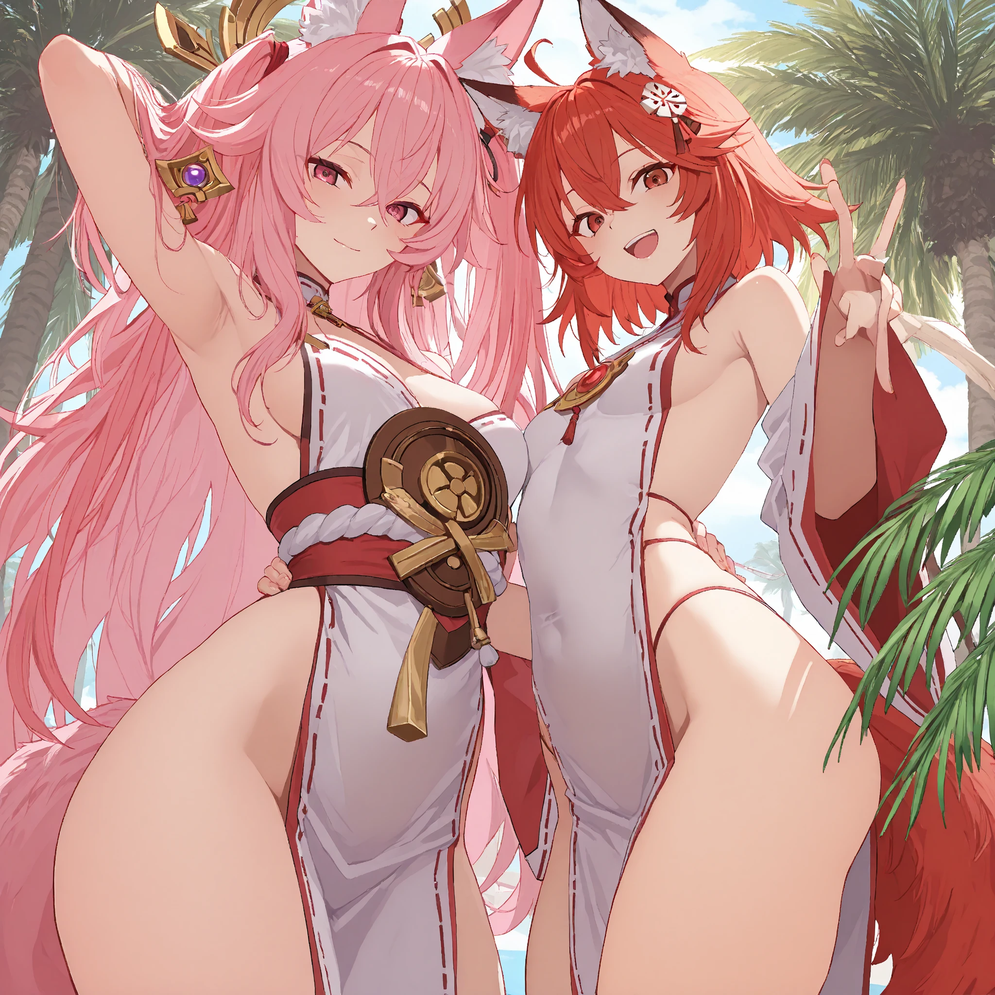 cat furry girl, 2 girls,Long hair,Kimono with floral embroidery,Sakura Garden Background,Viewers look at,Glasses,smile,open mouth,Sakura petal in the air, both furry girls spread their legs and show what they have, hands on her pussy, one of them has her breasts out