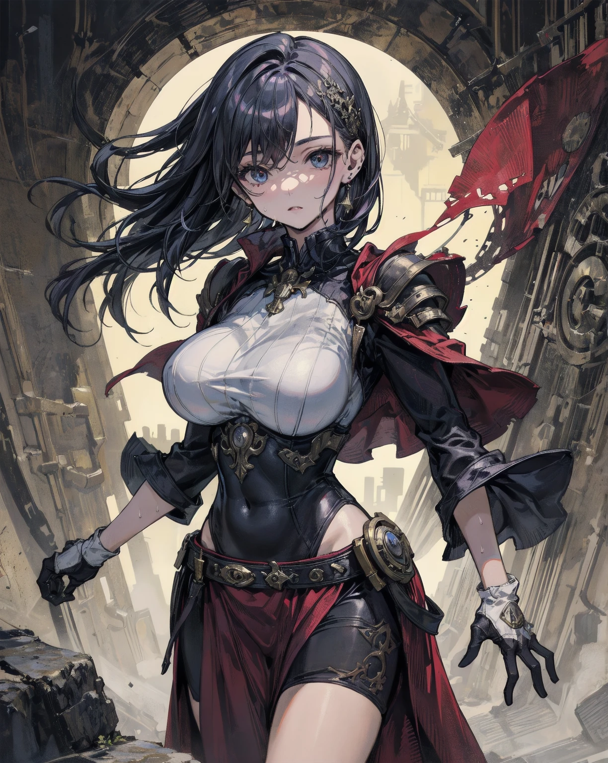 adult girl, long black hair, heterohromia, left eye blue, right eye yellow, red diadem, black general tight top, one long sleeve, red tight pants, cat ears, cat tail, smirk, Masterpiece, best quality, Full HD, 8k, ultra details, great graphic