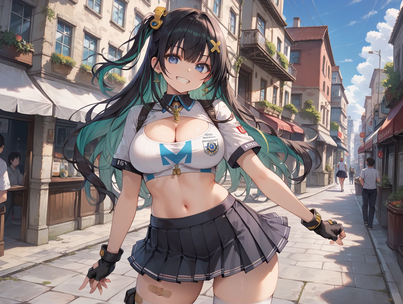 sfw,(hyper extreme detailed),(masterpeace),(hyper extreme),(photorealistic),CG,1girl,outdoors, <lora:Katsuragi:1>Katsuragi,black hair, twintails, long hair,Emerald green eyes,horns,earrings,blue dress, miniskirt,armguards, white thighhighs, geta,