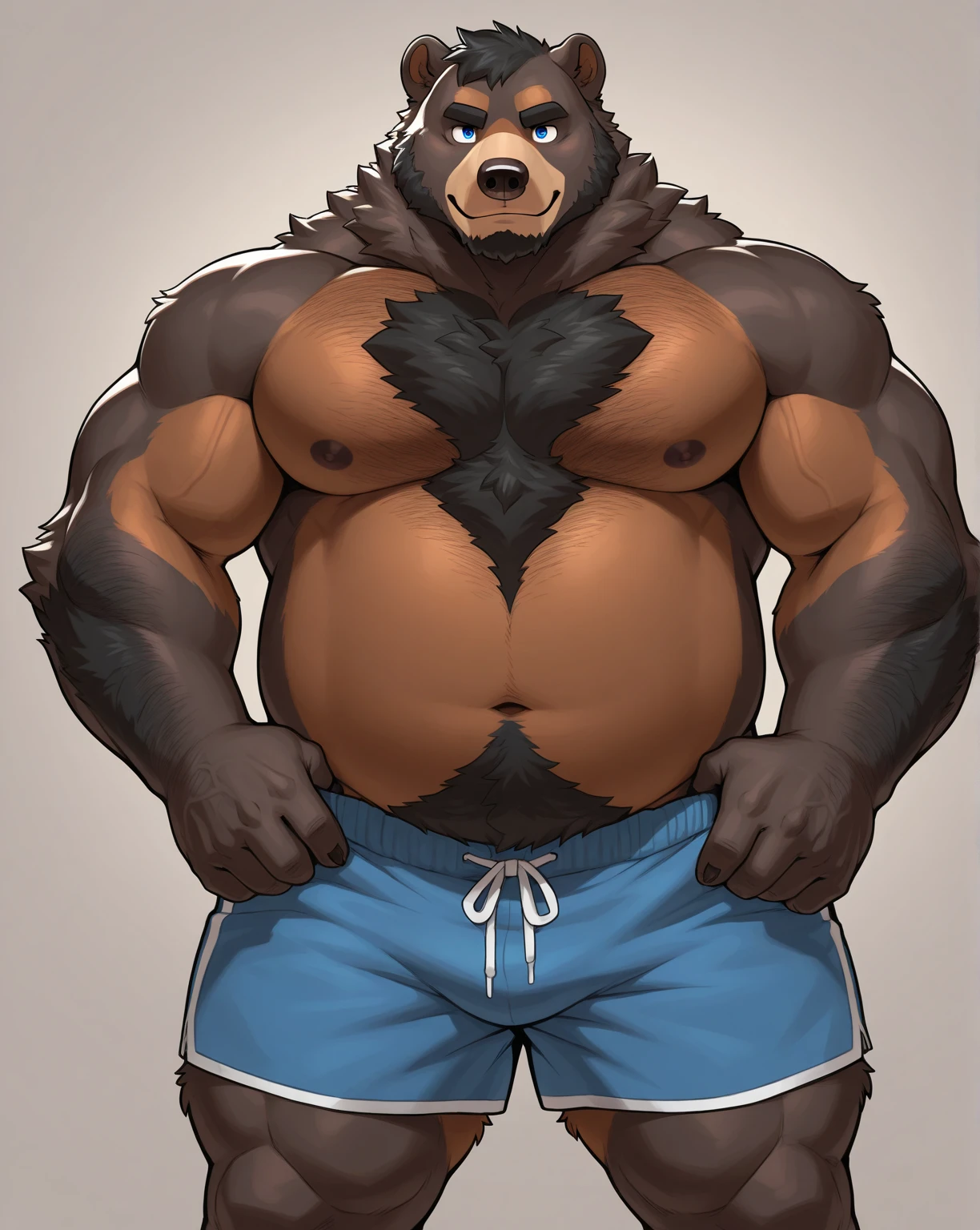 Solo, Furry, Anthro, Bear, Male, E621, Standing, Muscular, Hands behind back, Wearing underwear, Plain background, Front view, Light skin, By bebebebebe