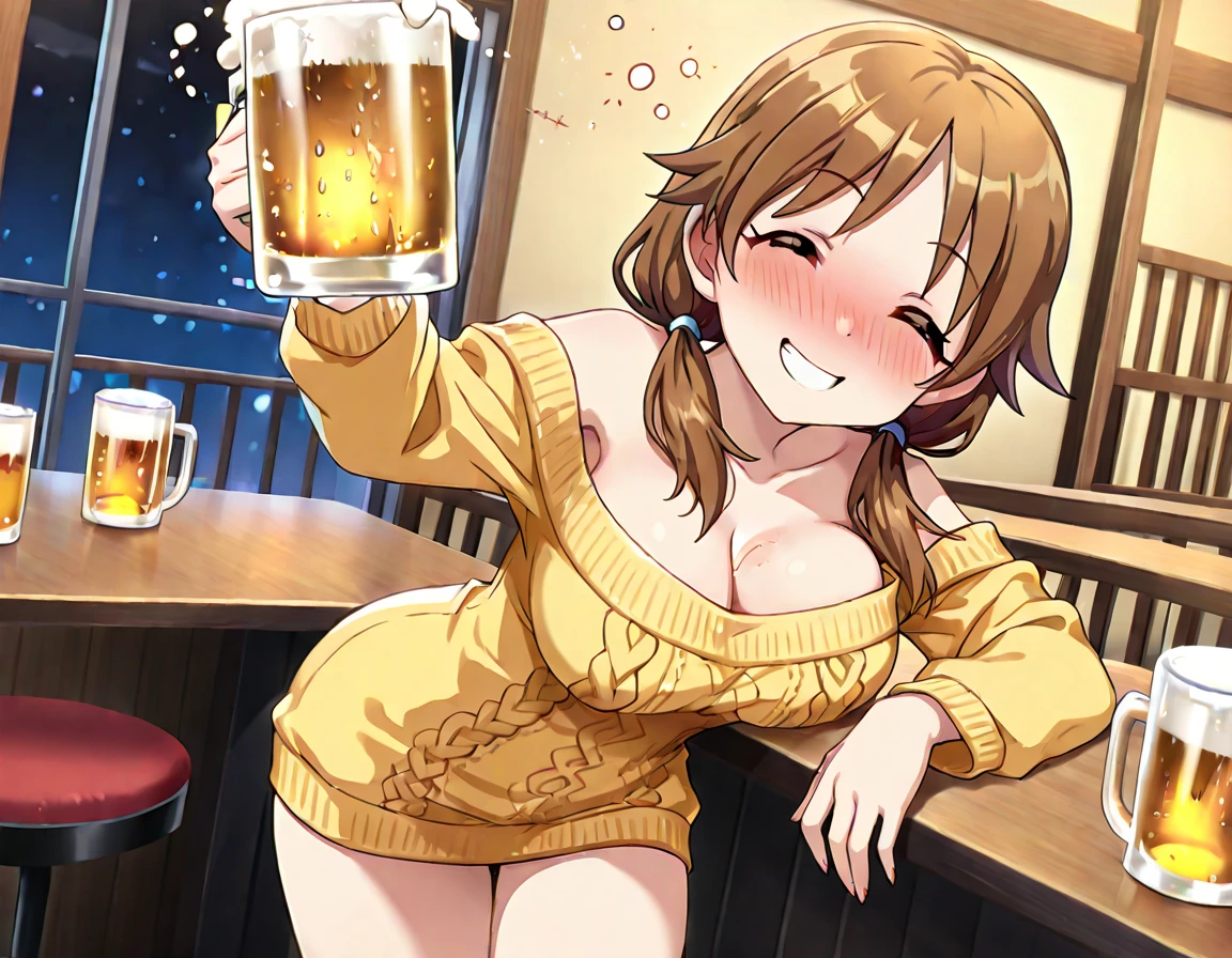 Minami kotori, tight, huge breasts, Blushing, (strapless leotard:1.2), pantyhose, sitting on table, crowded bar, smile, cowboy shot, spread legs, holding beer, drunk, smile,(Blushing:1.2), smile, open mouth, sweating, thighs, nipples slip