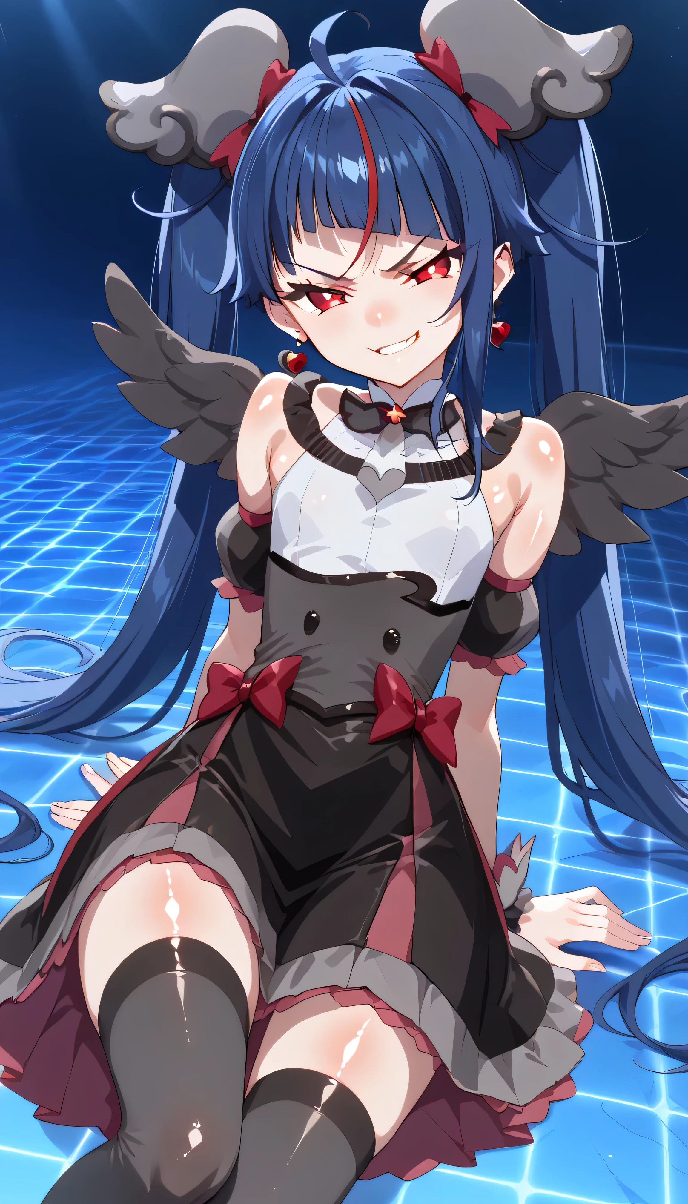 score_9, score_8_up, score_7_up, Source_Anime, official art , Anime screencap, Goddess Magazine , reflective white knee-high stockings on the glass floor , dark cure sky、( Flat-breasted:1.2), lie, Back,, folded from under the petite, dark blue hair、 twin tails、 , , , Let's play in the Pretty Cure uniform , pleated skirt , ,(Smirk:1.8),obscene, top quality,very detailed images,single,1 girl,(shiny skin nsfw:1.8),