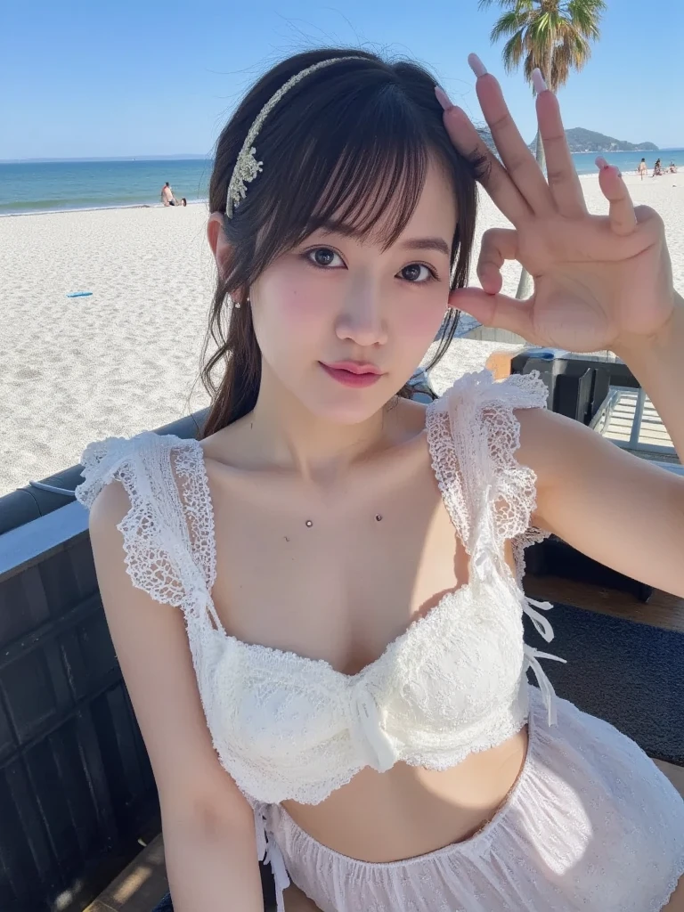 ★composition：(Full body photo)★quality：(2. Hug), (Perfect hands:1.2), (Perfect Anatomy:1.2), (best quality:1.3), (masterpiece:1.3), (Very detailed:0.8), 17 years old, 完璧なface, かわいくて左右対称のface, 童face, Pink Lips, (:1.1), High resolution, High resolution, CG Unity 8k, Nice hands, throw, top quality, ★performance：(笑face:1.3), (:1.4), Happy, charm的な, faceを見て感じる, (Look at other people:1.3), looking up★被写体：(toru asakura: 1.3), ★face：detailed face, (beautiful face: 1.1), beautiful girl, cute, charm, beautiful detailed face, ★eye：blue eyes, detailed eyes, キラキラしたeye, charm的なeyeの反射, キラキラ輝くeye元, Pupil depth and three-dimensional effect, 虹彩の色の微妙な変化 ★イルミネーション：Light of the sun, ★chest: 小さなchest、Detailed skin, (chestの谷間:1.4), Shiny skin, ★hair： :(Wolf Cut)★style: animation, shape, (Wet:1.2), ★environment：Ocean, cloud, Day, Beach, ★Costume :(Transparent camisole: 1.3),(Pink lace panties)  , jewelry, Earrings, necklace, Earrings, accessories,  ★One：Small Head,  ★action：My whole body is wet