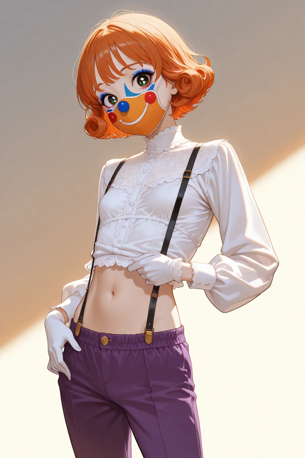 purpleとyellowで構成された絵画最高品質, High resolution,(A frame made of chains and ruins),pretty girl、Small eyes、（Flat Chest）, ((Odd colored hair,green,purple,yellow)), beautiful、、Tattered denim pants、Tattered black tank top、Circus、Collar with a large chain、Clown、(He is pointing a bloody knife at the camera)、Bold Pose

