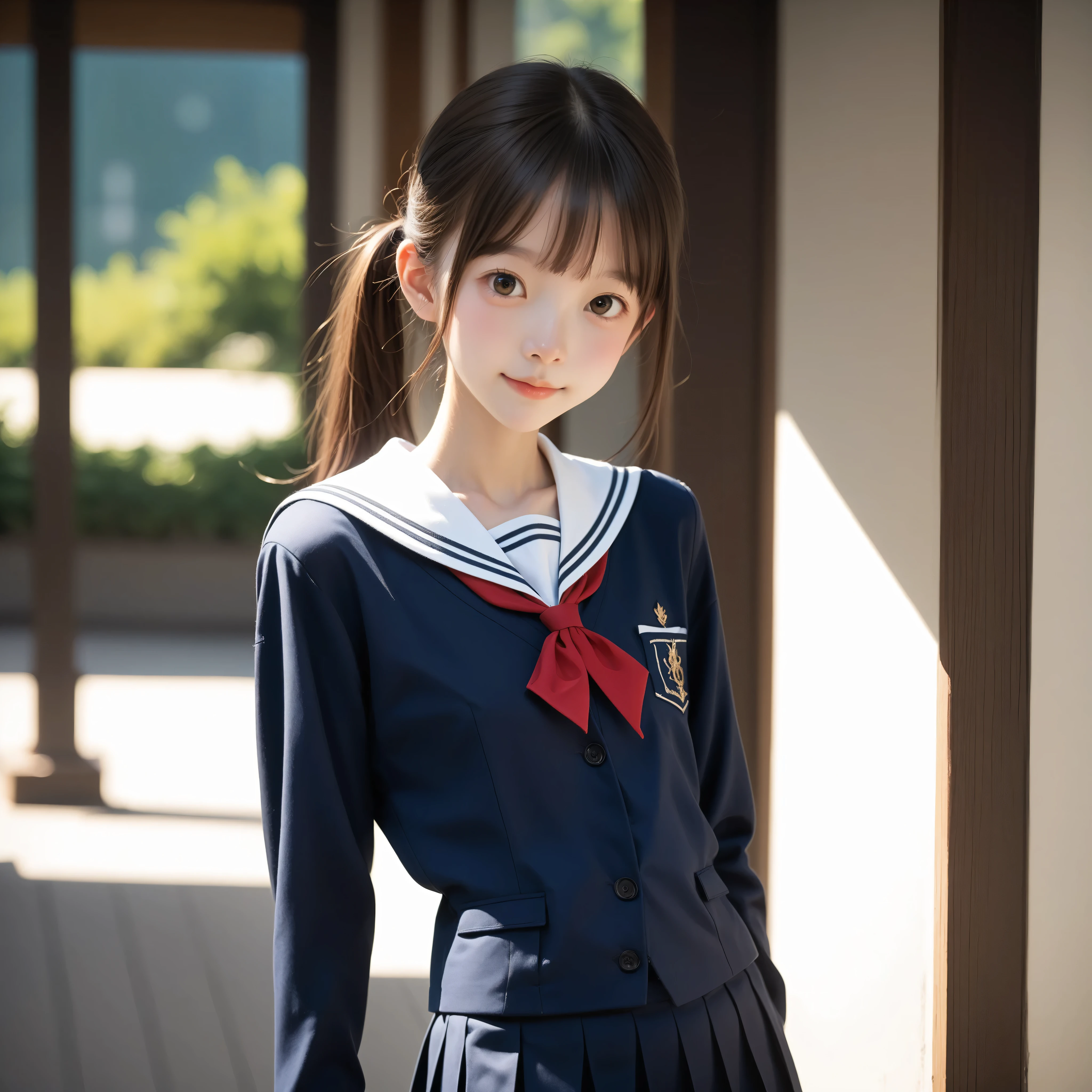 ( white skin:1.3),cute girl,かわいいyounger女の子,Slender,short,Slender,thin body,(younger:1.2),かわいいyounger女の子 opening without permission,cute face,(skinny:1.5),score_7_up,score_8_up,score_9,realistic,is a girl who goes to school,school uniform, small butt seen from below,( body:1.2),sunlight,Japanese,short髪, thin shoulders,Thin Arms,Beautiful Japanese junior high school student with shoulder
