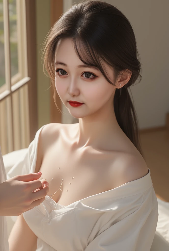 close up, (neon, night view, Dutch angle, from above, strapless: 1.3), masterpiece, best quality, raw photo, photorealistic, off shoulder, black lace dress, black choker, yellow eyes, reddish, updo, upper body, neckline, facelight, shiny skin, film grain, chromatic aberration, absurdres, highres, ultra detailed, finely detailed, detailed eyes and face, sharp pupils,  realistic pupils, sharp focus, dark hair, in a room, lights off, happy expression, smiling, whole body, body, legs,blush, on mouth