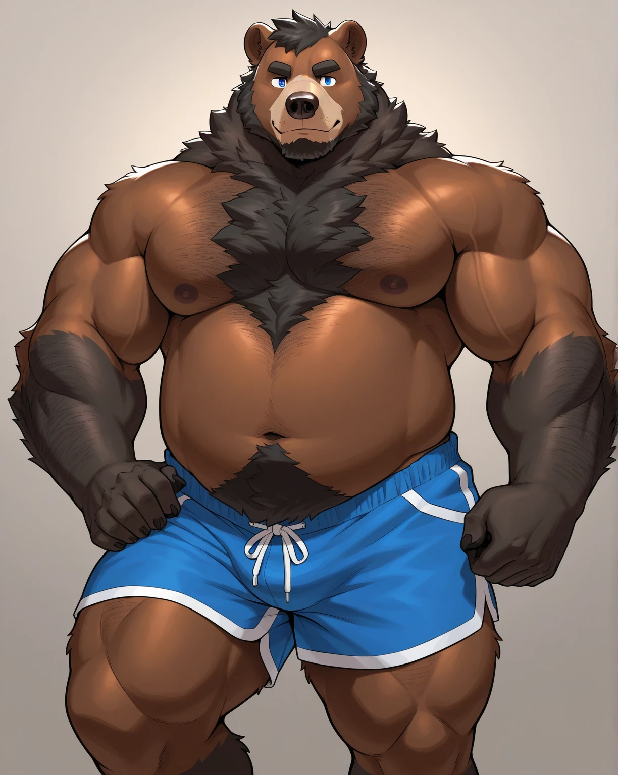 by takemoto arashi, (1boy), solo, male anthro, kemono, (dark red bear), (white torso), hot body, gut, muscle-gut, muscle, hunk, sexy, bara, handsome boy, (detailed black eyes), (masterpiece, high res, best quality), 4k, soft skin, warm color