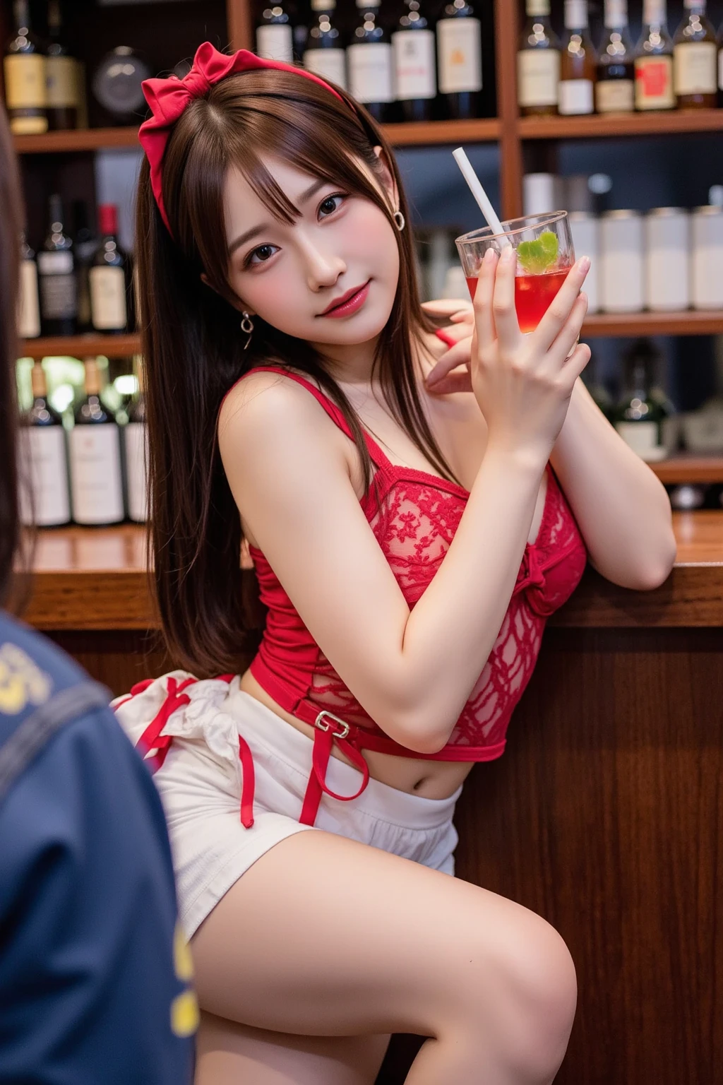 in 8K、Ultra-realistic images、ultra-detailliert、​masterpiece、Live Action、Top image quality、top-quality、Pocchari、swim wears、a smile、large boob、Beautiful fingers、beautiful nails、red lipsticks、large earring、Katyusha、、crowded at whiskey bar