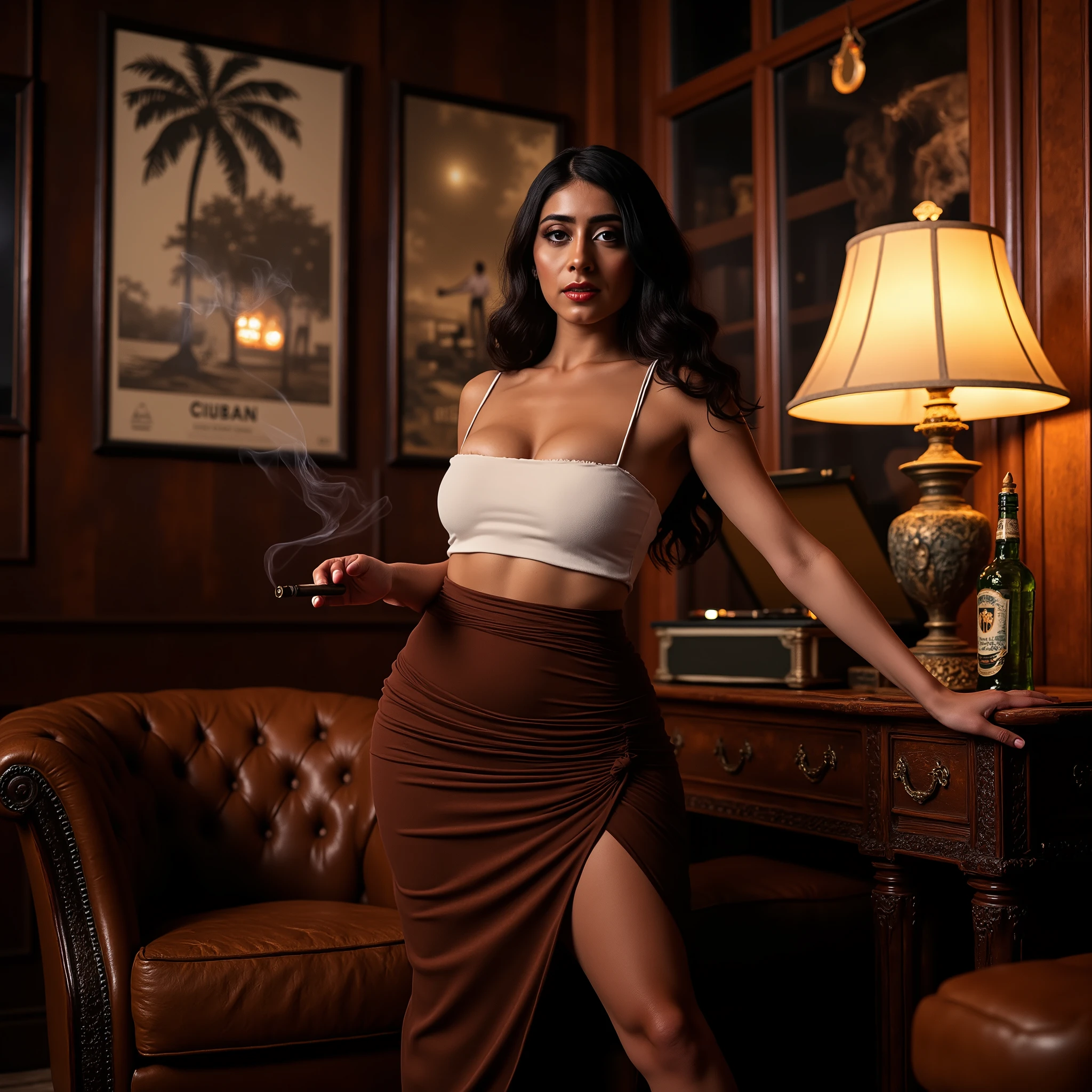 Ultra-realistic night scene inside a luxurious Cuban cigar lounge, with rich wooden decor, vintage leather chairs, golden tobacco leaves, and soft jazz music echoing faintly in the background. A seductive young woman with long, wavy black hair poses sensually beside a classic armchair, holding a lit cigar gracefully in one hand. She wears a long, ruched brown skirt with a bold side slit, revealing one leg, paired with a fitted white sleeveless crop top. Her expression is intense and alluring, illuminated by a single warm-glowing table lamp casting dramatic shadows across her face and the room. Wisps of smoke float through the air, adding a cinematic haze. In the background, old Cuban posters, a rum bottle, and a vintage record player complete the nostalgic, moody ambiance. Soft focus, realistic skin tones, high texture detail, warm and smoky color grading, shallow depth of field.