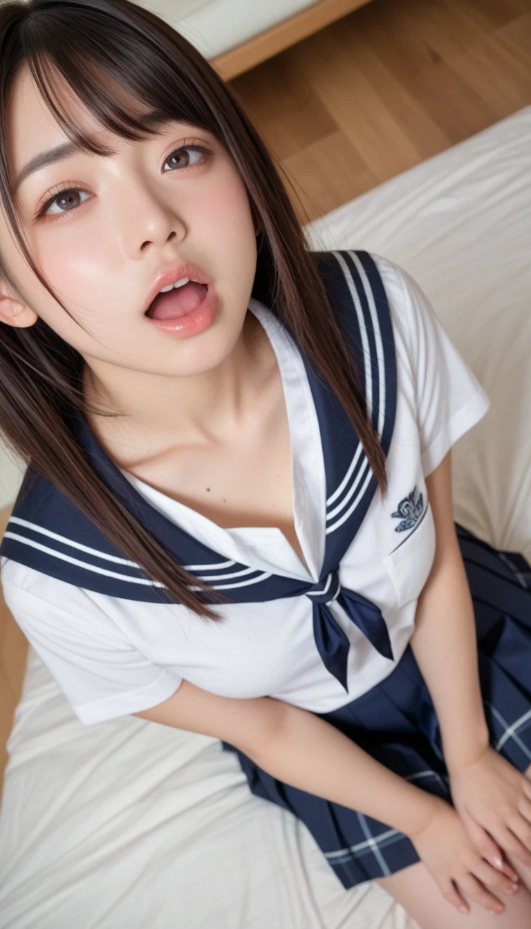 (highest quality、8k、Best image quality)、(One woman:1.2)、((Beautiful armpits))、((The chest is exposed))、(Nipples:1.2)、(pubic hair:1.2)、(High definition beautiful white teeth:1.5)、(((Medium size breasts)))、(medium hair)、((Painful face))、Wrinkles between the eyebrows、(((Wearing a torn school uniform:1.5)))、((Sweaty skin、Lighting that highlights sweaty skin、Skin shiny with sweat、Shiny skin))、(Beautiful legs:1.2)、(Perfect and realistic skin texture:1.2)、(Accurate body depiction:1.1)、(missionary, 1boy penis from behind, lying, vaginal, pov, spread legs, sex, nsfw)、(((High definition vagina)))、(((so many cum)))