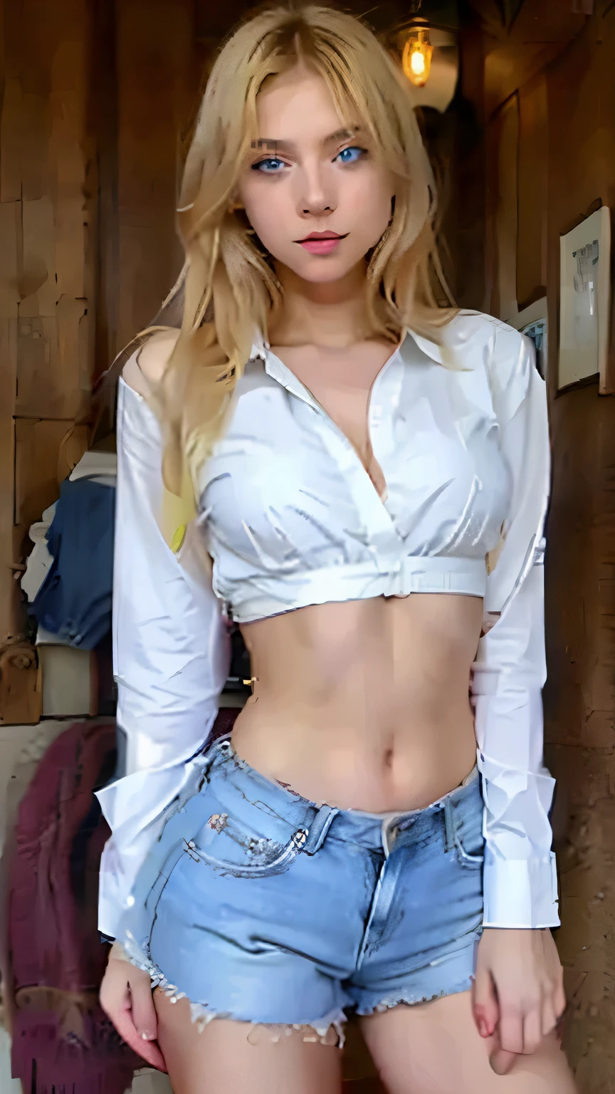 25-year-old Caucasian woman、platinum-blonde、blue eyess、Longhaire、My hair is wavy、accessories on the wrist、wearing a choker、Shiny skin、a smile、The navel is out、My abs are cracked、slim muscular body、I don&#39;t want my head to disappear from the screen.、Being in a photography studio、wearing a cross walter neck top、Wearing a jacket、I&#39;m wearing a low-rise pleated skirt、Hands on hips、I&#39;m punching my chest、wearing sports shoes、a smile