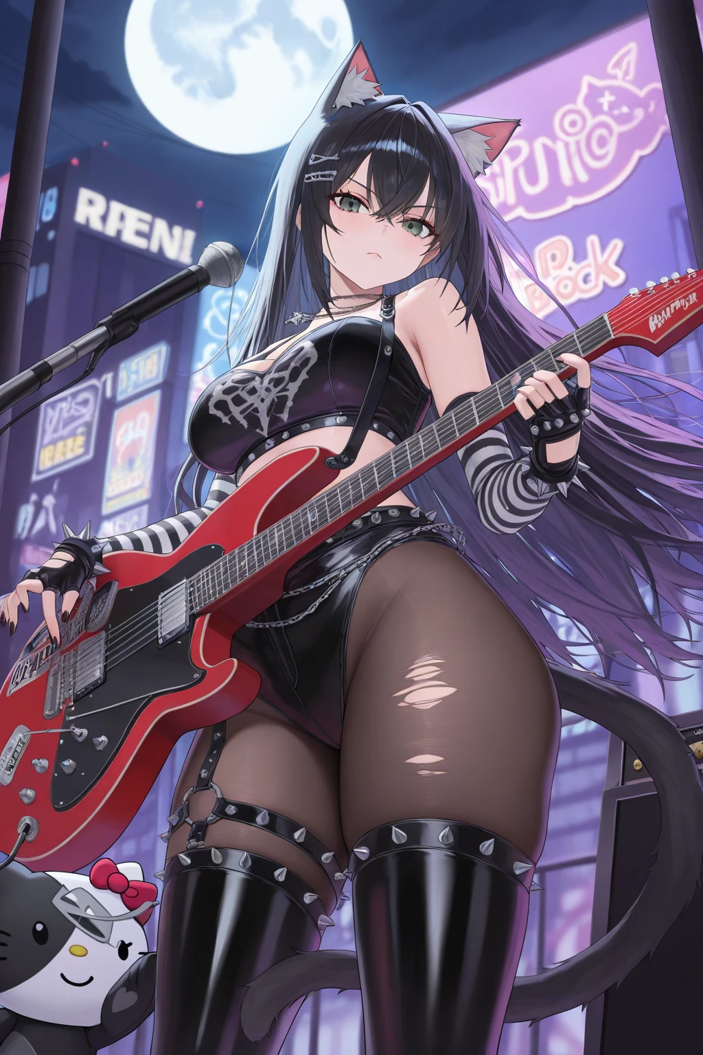 ((masterpiece, best quality, high resolution, UHD, pixel perfect, depth of field, 8k, RTX, HDR))cowboy shot, BREAK, 1 girl, girl style anime, Glossy skin, rounded eyes, beautiful eyelashes, realistic eyes), (detailed face, blushing:1.2), (smooth texture:0.75, realistic texture:0.65, photorealistic:1.2, anime CG style, sharp, Beauty of perfect body, realistic shadow perfect body, brunette girl Heavy metal, Biker girl with chains and spikes, fierce expression, Powerful female rock star, black leather, purple hair with pink highlights, big breast, erect nipples, dressed in black leather jacket and ripped jeans, Dark eyeliner and black lipstick, heavy music, Fierce woman, the front up, epic guitar solo, red electric guitar, Guitar on fire, Woman Electric Guitar Solo, female metal guitarist, BREAK, Woman playing guitar, Electric metal guitar, Flames on stage, Female rocker playing a concert, in a musical scenery