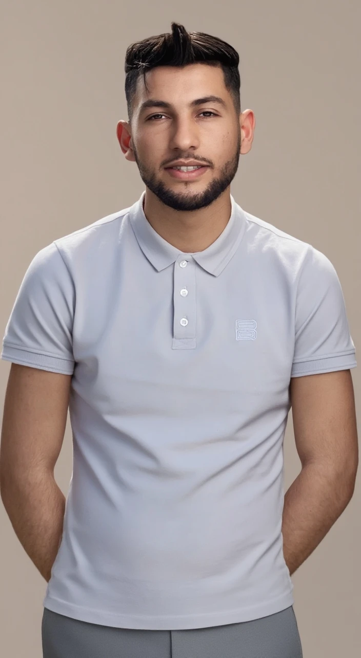 un homme de 40 ans de type mediterranéen. souriant. cheveux bruns, barbe très courte. yeux clairs. debout, avec tout le corps. en short bleu avec un T Shirt blanc uni,. avec les bras le long du corps.