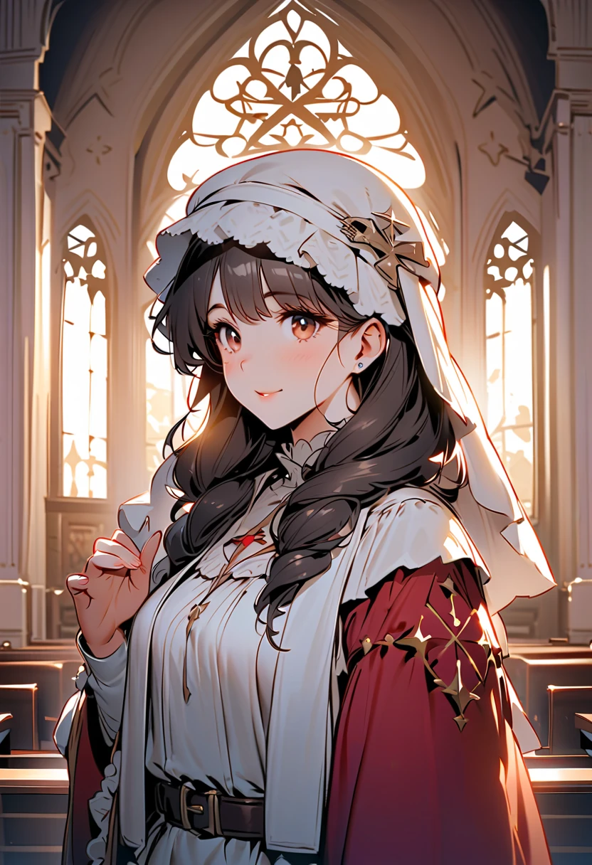 An older woman, skin fair, long brown hair with bangs, big eyelashes, medieval gown, a woman who is respected