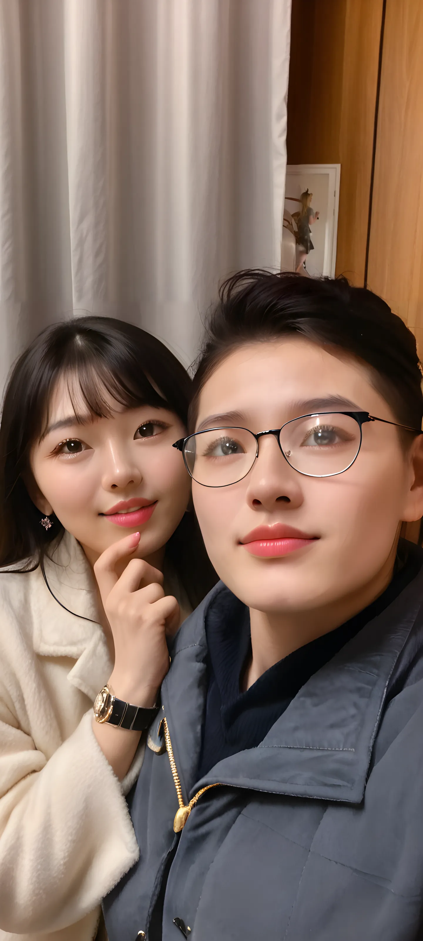 there are two people that are posing for a picture together, Ruan Jia and Fenghua Zhong, 8k selfie photograph, ruan jia and brom, profile picture 1024px, very very low quality picture, , cute couple, very very low quality, KDA和Sam Yang。, zmonzheng, SSAO 8 K