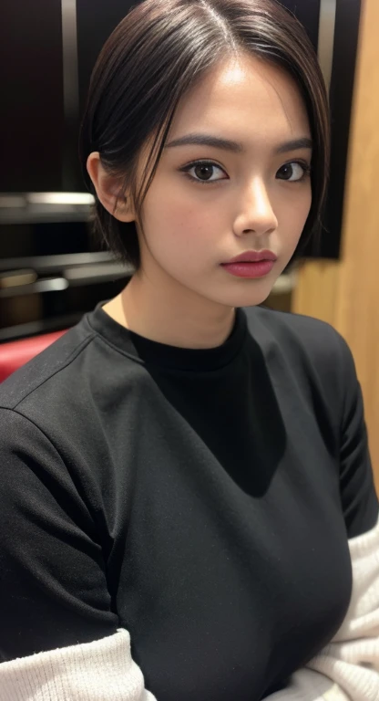 best quality, ultra high res, (photorealistic:1.4), 1girl,(short delicate hair:1.4), brown eyes,  black hoodie,angry,anger,earrings,half-closed eyes,frown