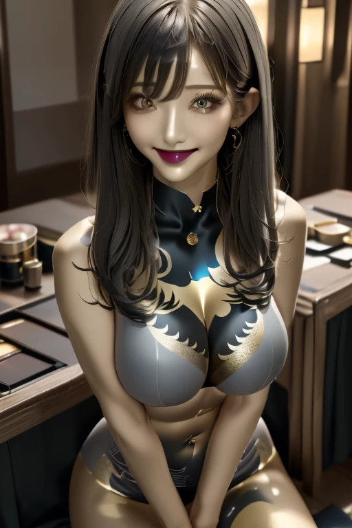 1 rapariga, 独奏, shiny skins, The is very detailed, ultra - detailed, hyper HD, full bodyesbian, (realisticlying:1.4), (best qualtiy), (best shadow), ULZZANG-6500, the detail, lighting perfect, brunette color hair, long whitr hair, (The large:1.3), Hyper Real,Bigboobs