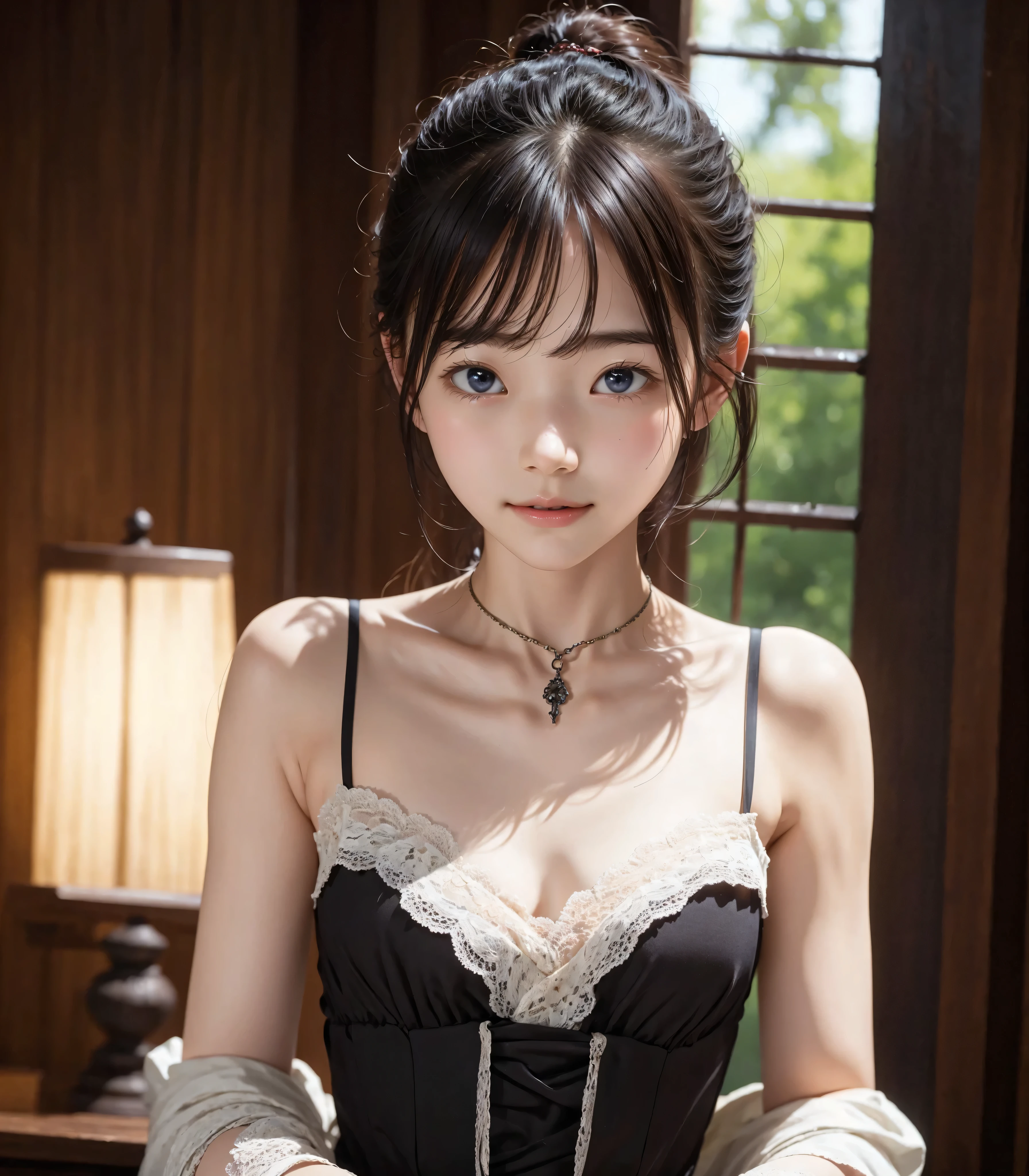 (Masterpiece:1.3), (8K picture quality), Photorealsitic, Raw photo,  (Best Quality: 1.4), (1womanl), Pretty Face, (Realistic face), (A dark-haired, Short hair:1.3), Beautiful hairstyle, ((Breast-breast)), Ultra-detailed resolution, the golden ratio, , depth of fields, Filming a movie, A slight smil, soap bubbles, Oil painting, Rembrandt, Light and Darkness, ((Contrasty))